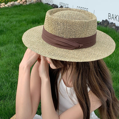 Women’s Solid Color Straw Vacation Hat With Curved Brim Featuring Hollow Out Design And UV Protection