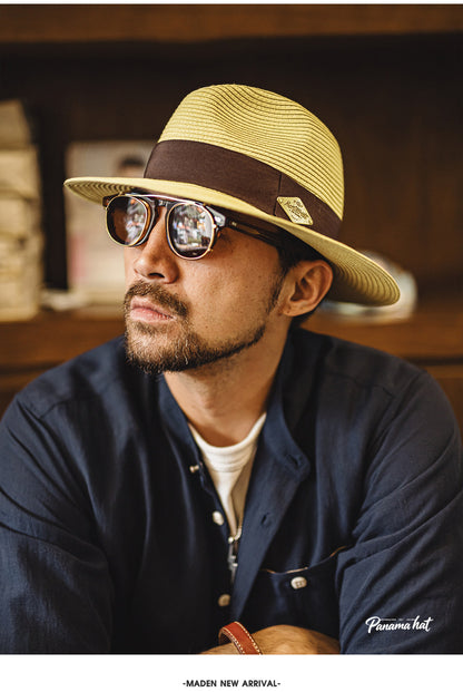 Retro Solid Color Panama Hat With Short Brim, Breathable Design, Made Of Polyester Featuring Braid Craftsmanship