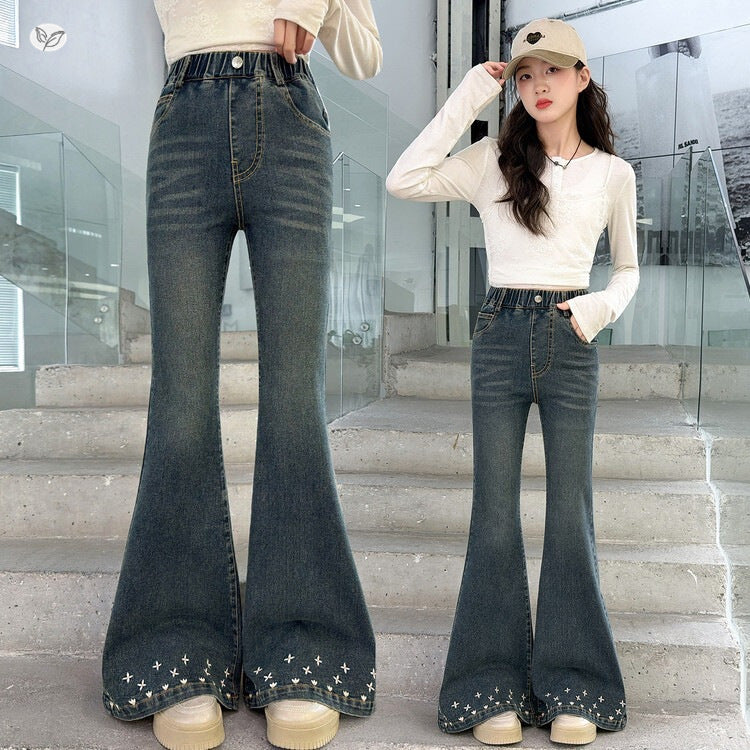 Solid Color Casual Cotton Blend Children's Pants For Girls With Embroidery, Full Length And Stretchy Fit