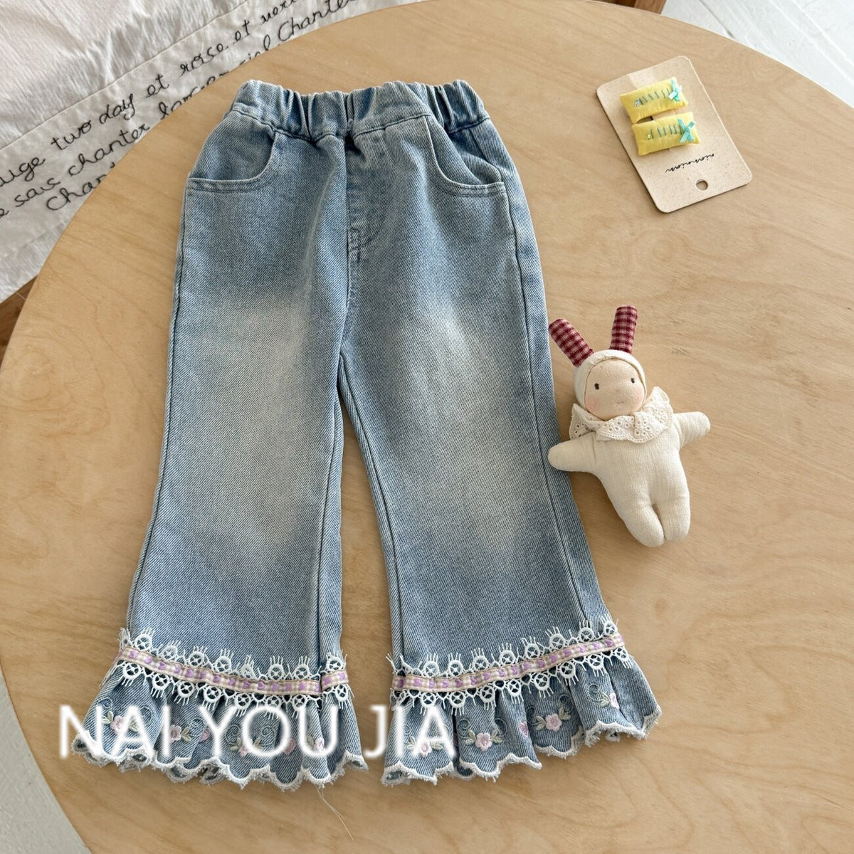 Princess Style Girl's Denim Pants With Embroidery In Grey, Full Length Children's Denim Trousers
