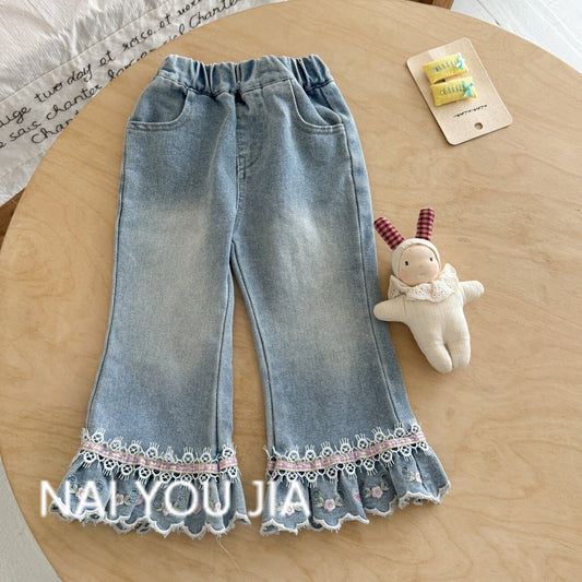 Princess Style Girl's Denim Pants With Embroidery In Grey, Full Length Children's Denim Trousers