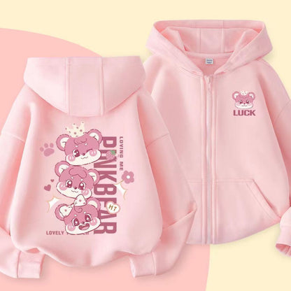Cartoon Casual Girl's Children's Sweatshirt In Natural Pink With Hooded Neck And Zipper Closure, Made Of Polyester