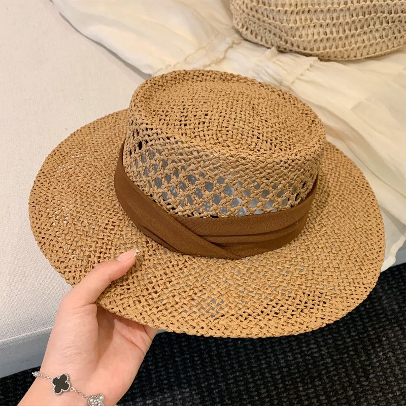 French Style Solid Color Wide Brim Straw Hat For Women With UV Protection Featuring Hollow Out Craft