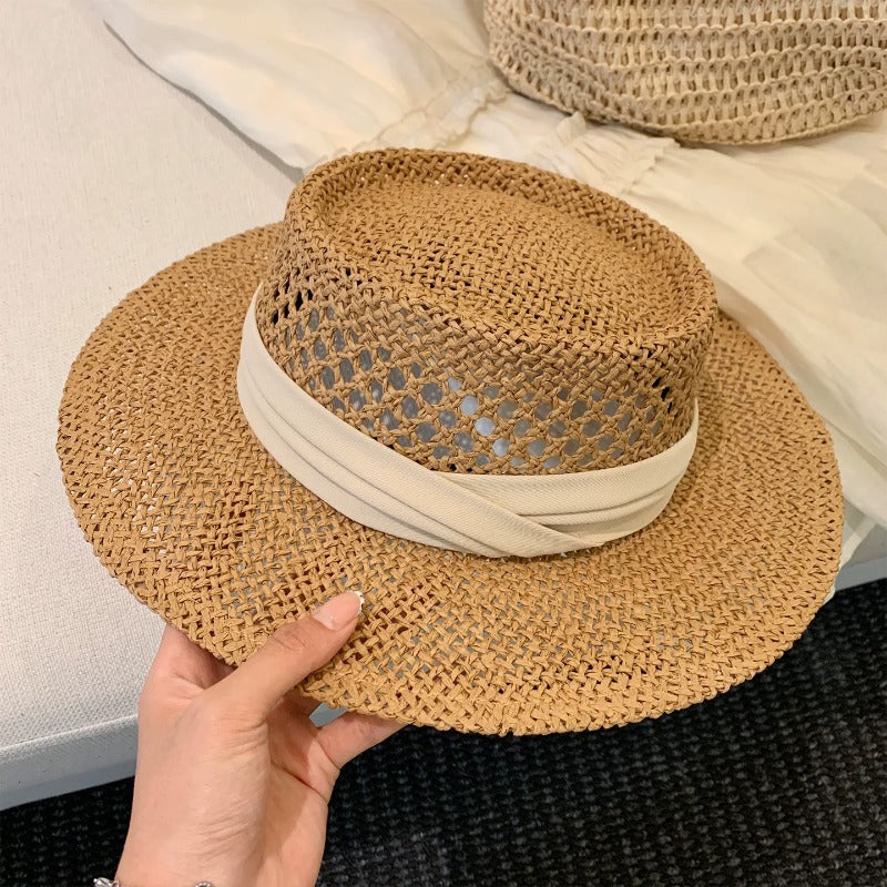 French Style Solid Color Wide Brim Straw Hat For Women With UV Protection Featuring Hollow Out Craft