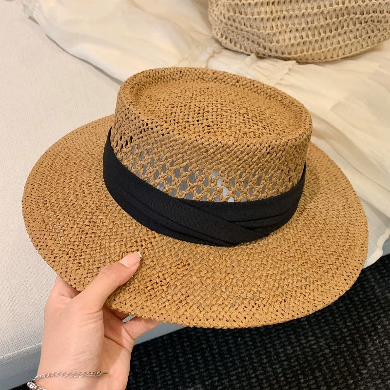 French Style Solid Color Wide Brim Straw Hat For Women With UV Protection Featuring Hollow Out Craft