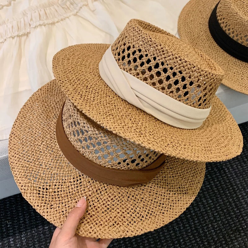 French Style Solid Color Wide Brim Straw Hat For Women With UV Protection Featuring Hollow Out Craft