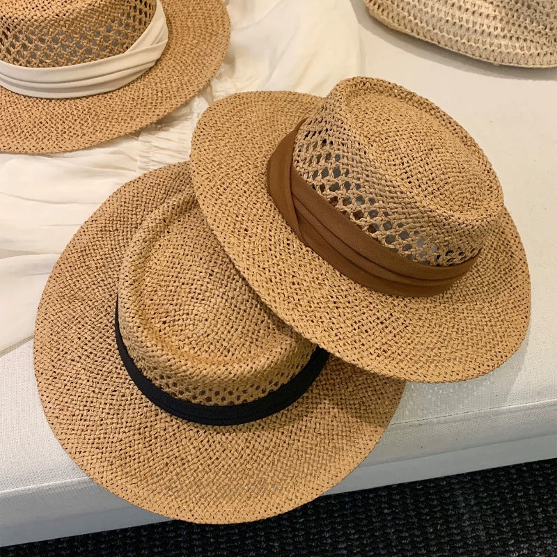 French Style Solid Color Wide Brim Straw Hat For Women With UV Protection Featuring Hollow Out Craft