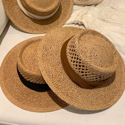 French Style Solid Color Wide Brim Straw Hat For Women With UV Protection Featuring Hollow Out Craft