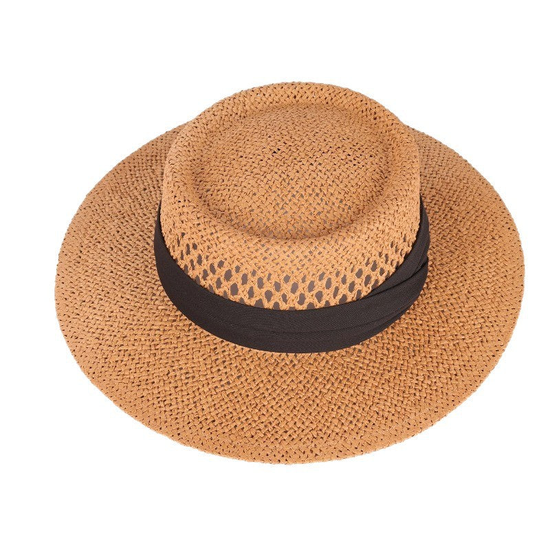 French Style Solid Color Wide Brim Straw Hat For Women With UV Protection Featuring Hollow Out Craft