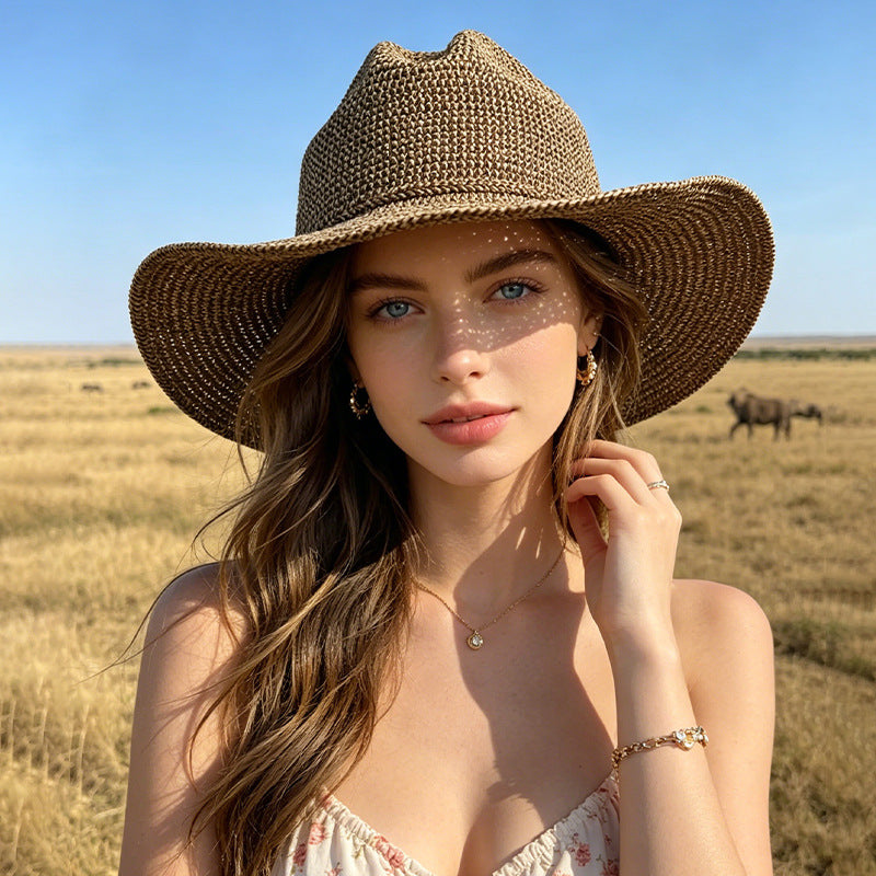 British Style Solid Color Wide Brim Straw Hat For Women With UV Protection, Featuring Braid Craftsmanship