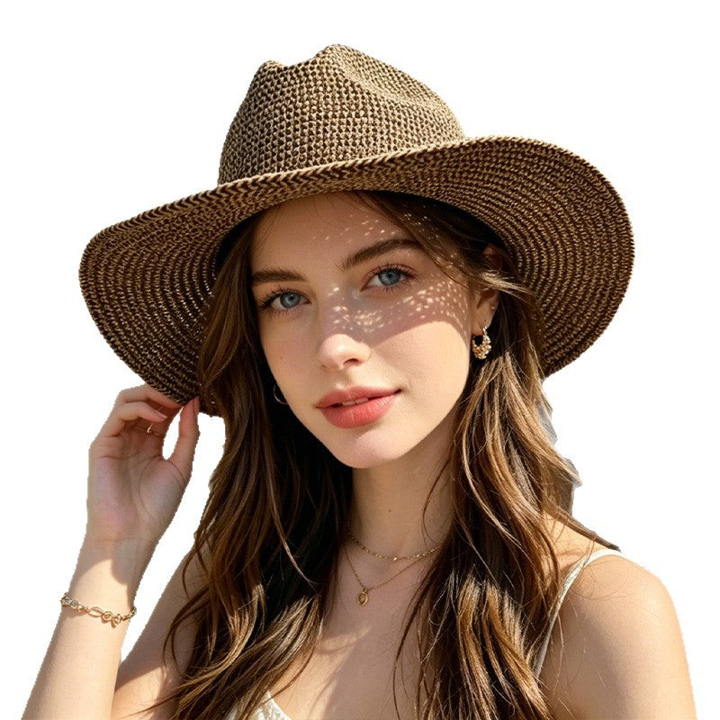 British Style Solid Color Wide Brim Straw Hat For Women With UV Protection, Featuring Braid Craftsmanship