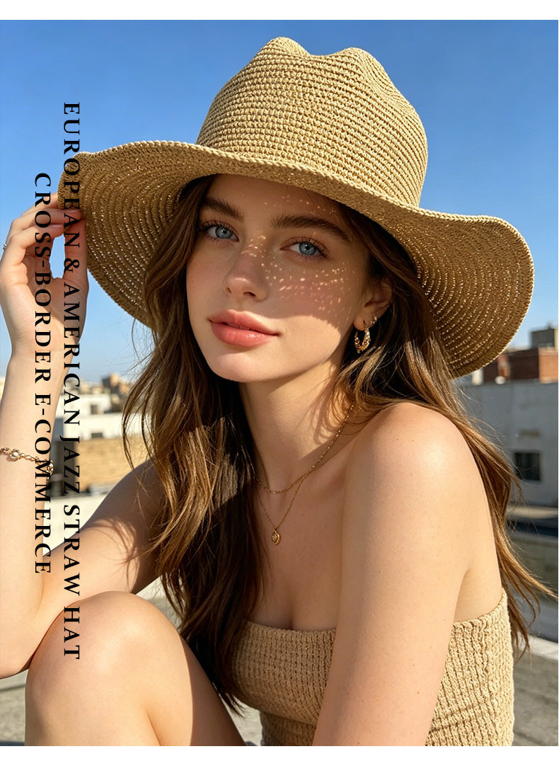 British Style Solid Color Wide Brim Straw Hat For Women With UV Protection, Featuring Braid Craftsmanship