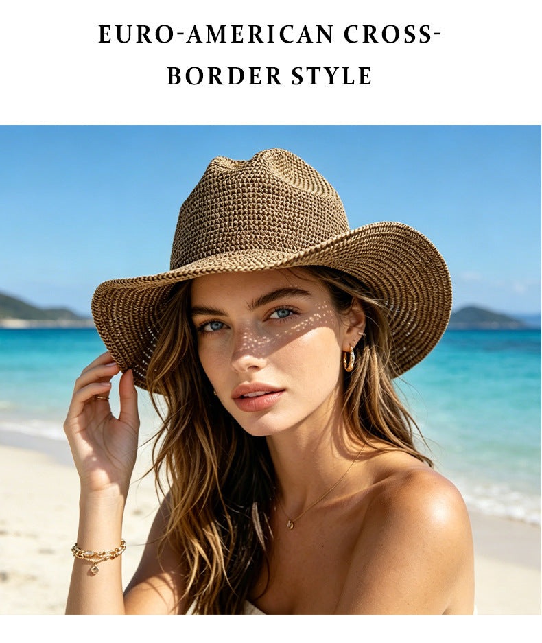 British Style Solid Color Wide Brim Straw Hat For Women With UV Protection, Featuring Braid Craftsmanship
