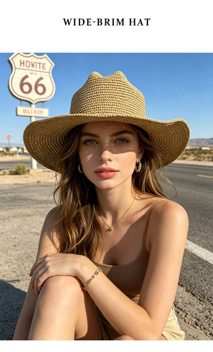 British Style Solid Color Wide Brim Straw Hat For Women With UV Protection, Featuring Braid Craftsmanship