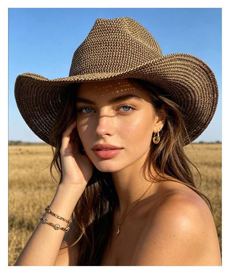 British Style Solid Color Wide Brim Straw Hat For Women With UV Protection, Featuring Braid Craftsmanship