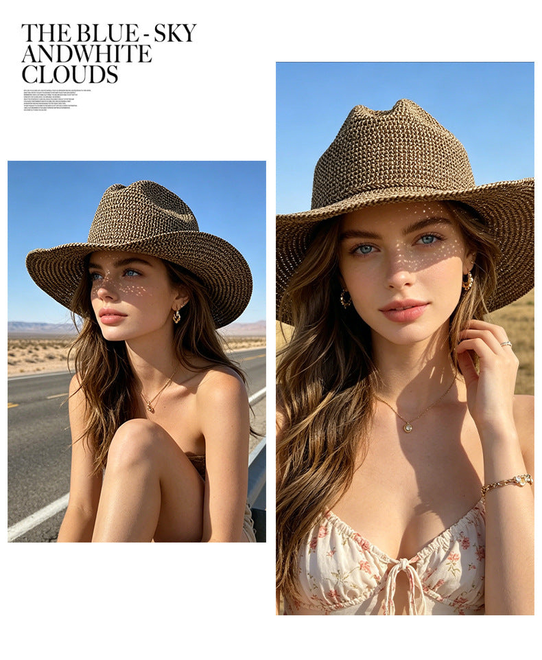British Style Solid Color Wide Brim Straw Hat For Women With UV Protection, Featuring Braid Craftsmanship