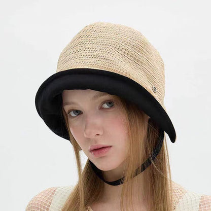Solid Color Wide Brim Bucket Hat In Straw Material With Sewing Craft, Simple Style Featuring UV Protection