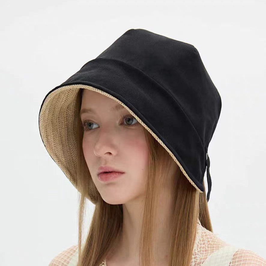 Solid Color Wide Brim Bucket Hat In Straw Material With Sewing Craft, Simple Style Featuring UV Protection