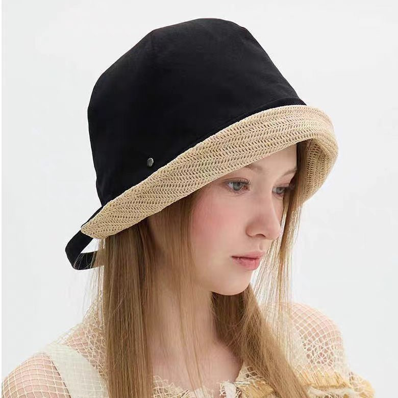 Solid Color Wide Brim Bucket Hat In Straw Material With Sewing Craft, Simple Style Featuring UV Protection