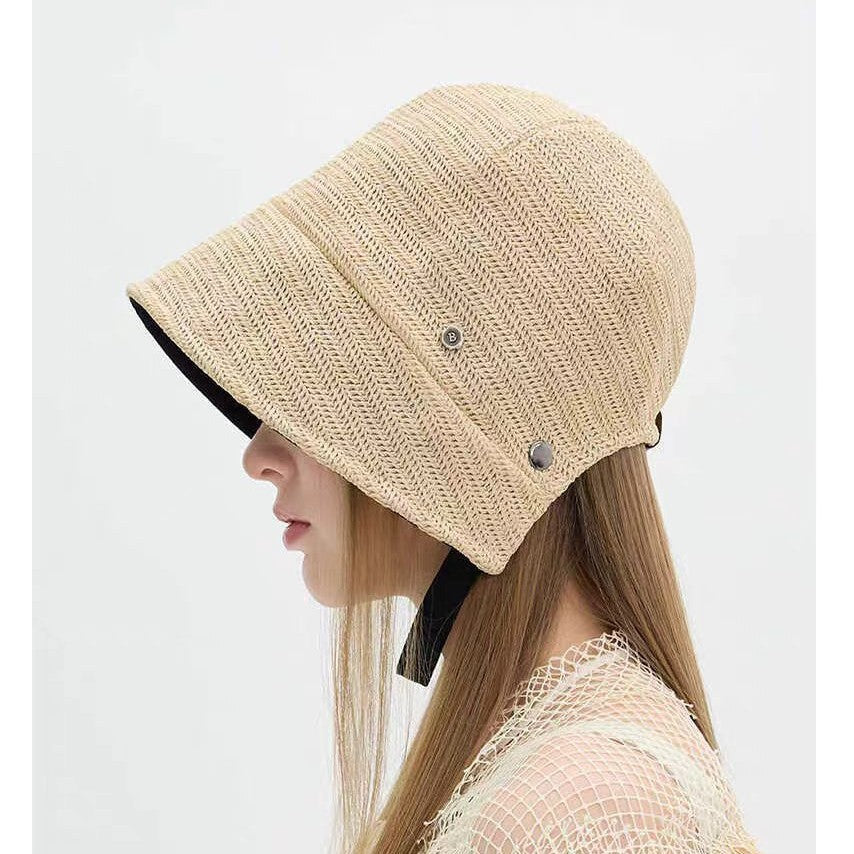 Solid Color Wide Brim Bucket Hat In Straw Material With Sewing Craft, Simple Style Featuring UV Protection