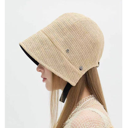 Solid Color Wide Brim Bucket Hat In Straw Material With Sewing Craft, Simple Style Featuring UV Protection