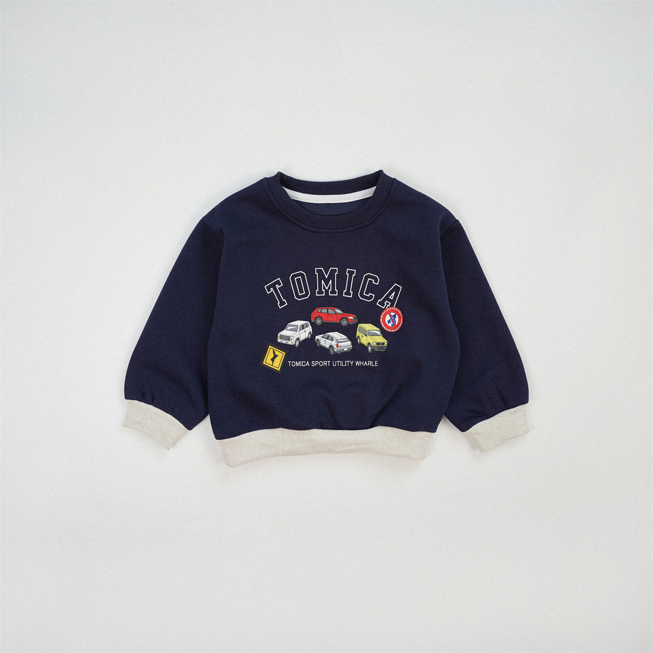 Boy's Navy Blue Cotton Blend Car Pattern Pullover Sweatshirt With Long Sleeves For Toddlers 3-6 Years