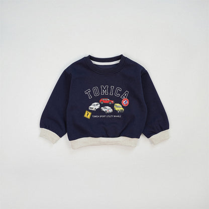 Boy's Navy Blue Cotton Blend Car Pattern Pullover Sweatshirt With Long Sleeves For Toddlers 3-6 Years
