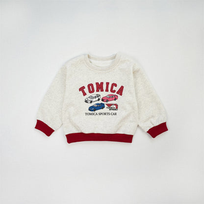 Boy's Navy Blue Cotton Blend Car Pattern Pullover Sweatshirt With Long Sleeves For Toddlers 3-6 Years