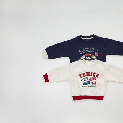 Boy's Navy Blue Cotton Blend Car Pattern Pullover Sweatshirt With Long Sleeves For Toddlers 3-6 Years