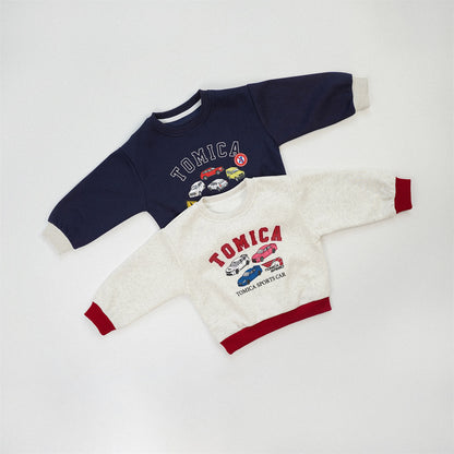 Boy's Navy Blue Cotton Blend Car Pattern Pullover Sweatshirt With Long Sleeves For Toddlers 3-6 Years