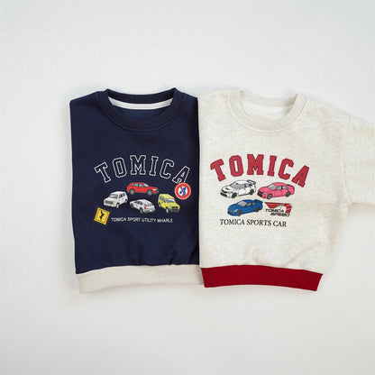 Boy's Navy Blue Cotton Blend Car Pattern Pullover Sweatshirt With Long Sleeves For Toddlers 3-6 Years