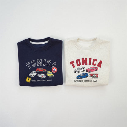 Boy's Navy Blue Cotton Blend Car Pattern Pullover Sweatshirt With Long Sleeves For Toddlers 3-6 Years