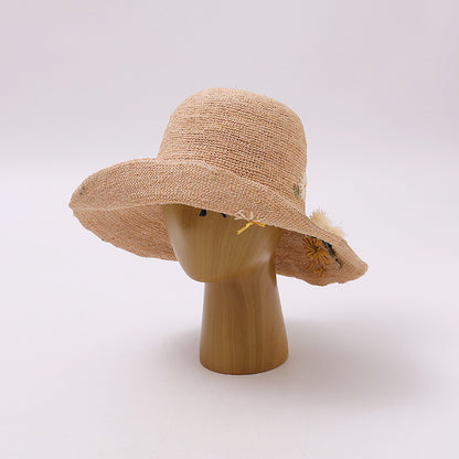 Women’s Wide Brim Straw Hat With Embroidered Flowers, UV Protection Vacation Style