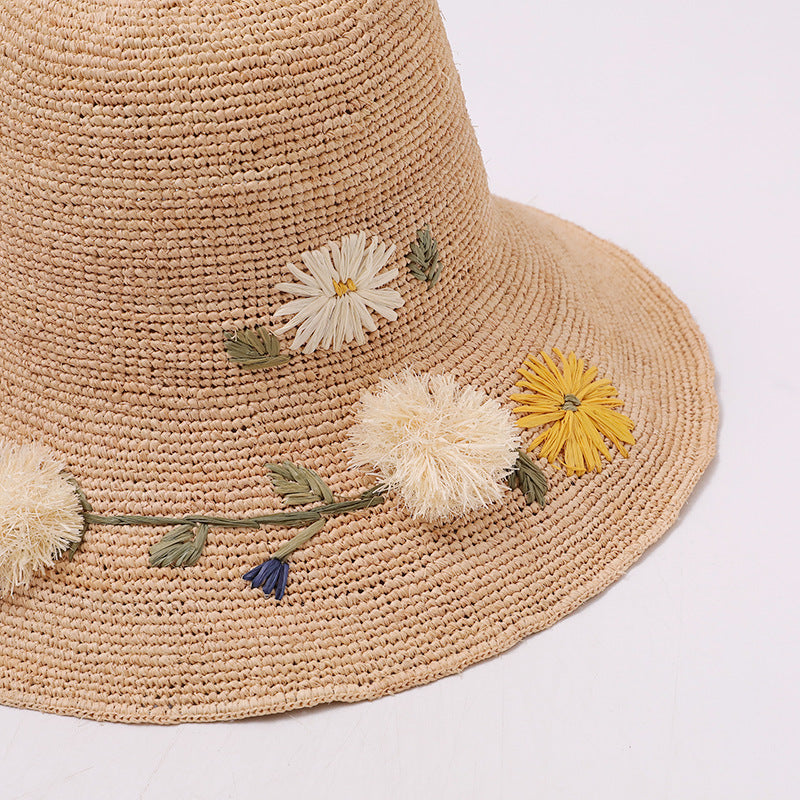 Women’s Wide Brim Straw Hat With Embroidered Flowers, UV Protection Vacation Style