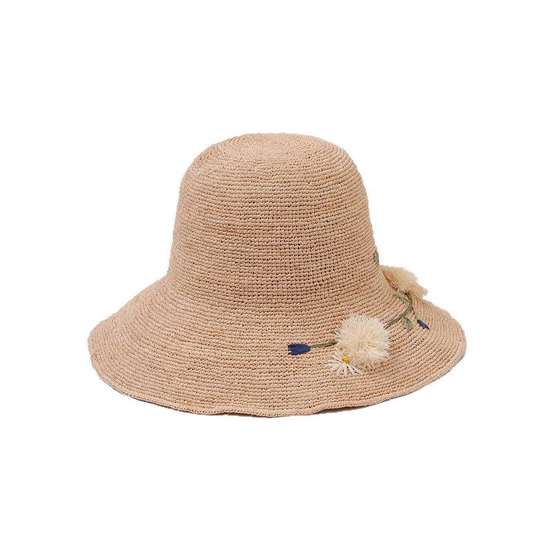 Women’s Wide Brim Straw Hat With Embroidered Flowers, UV Protection Vacation Style