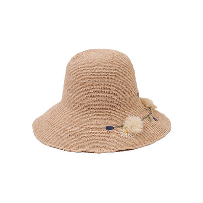 Women’s Wide Brim Straw Hat With Embroidered Flowers, UV Protection Vacation Style