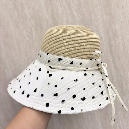 Women’s Polka Dots Bucket Hat With Wide Brim, Straw Material Featuring Splicing Craft And UV Protection