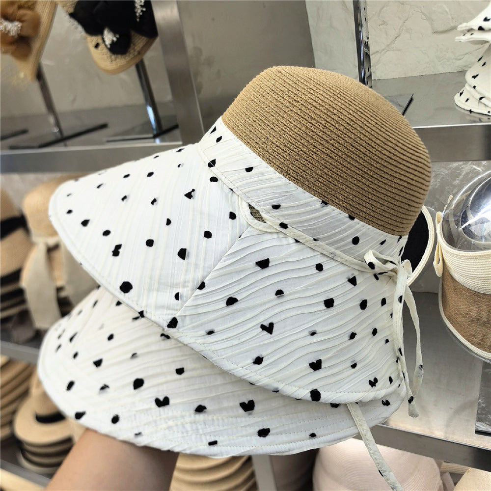 Women’s Polka Dots Bucket Hat With Wide Brim, Straw Material Featuring Splicing Craft And UV Protection