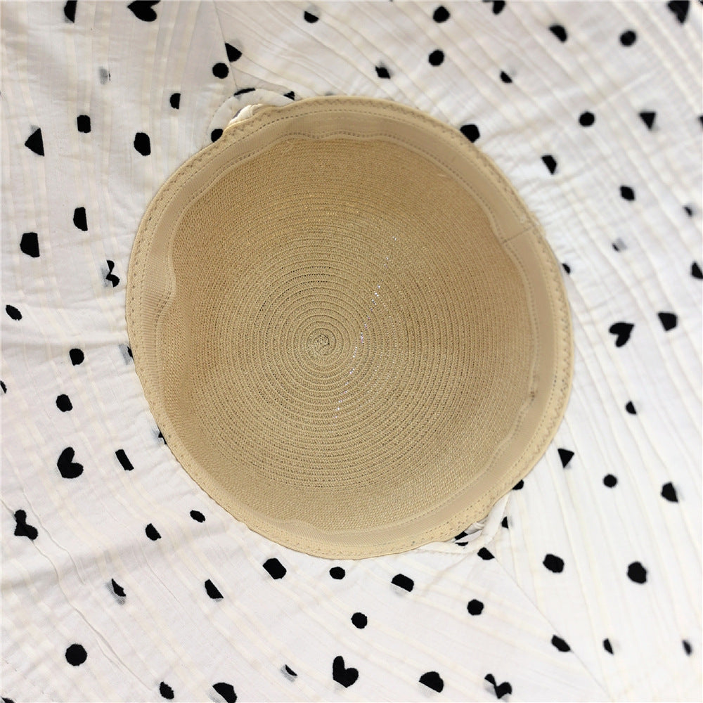 Women’s Polka Dots Bucket Hat With Wide Brim, Straw Material Featuring Splicing Craft And UV Protection