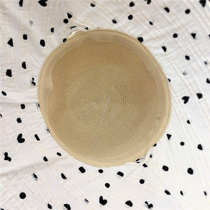 Women’s Polka Dots Bucket Hat With Wide Brim, Straw Material Featuring Splicing Craft And UV Protection