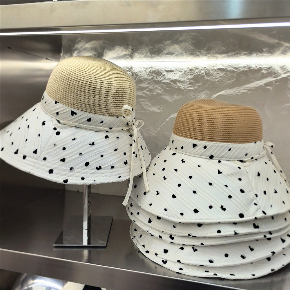 Women’s Polka Dots Bucket Hat With Wide Brim, Straw Material Featuring Splicing Craft And UV Protection