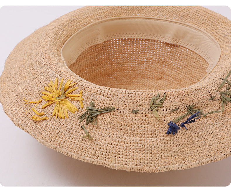 Women’s Wide Brim Straw Hat With Embroidered Flowers, UV Protection Vacation Style