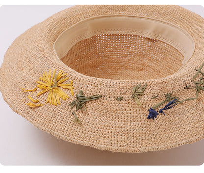 Women’s Wide Brim Straw Hat With Embroidered Flowers, UV Protection Vacation Style
