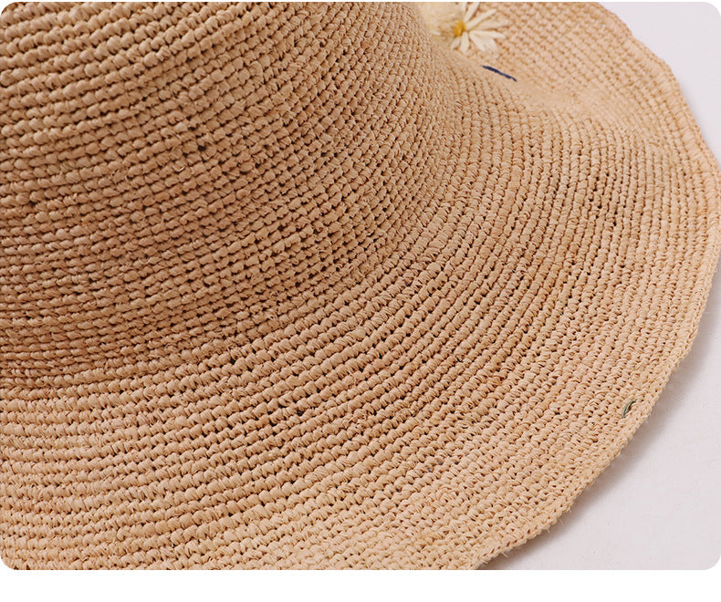 Women’s Wide Brim Straw Hat With Embroidered Flowers, UV Protection Vacation Style
