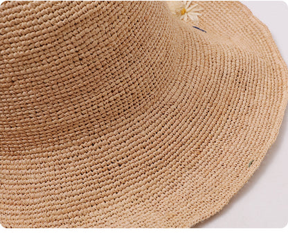 Women’s Wide Brim Straw Hat With Embroidered Flowers, UV Protection Vacation Style