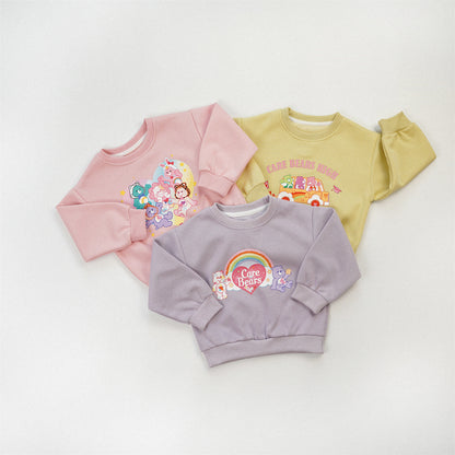 Cute Cartoon Children's Sweatshirt For Girls In Natural Pink, Cotton Blends Fabric With Printing, Pullover Style