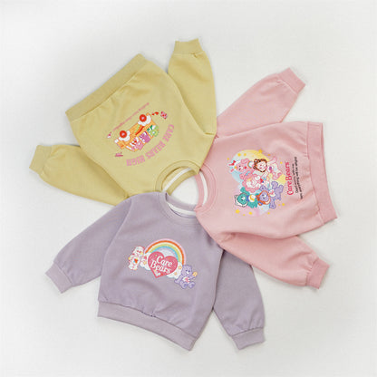 Cute Cartoon Children's Sweatshirt For Girls In Natural Pink, Cotton Blends Fabric With Printing, Pullover Style