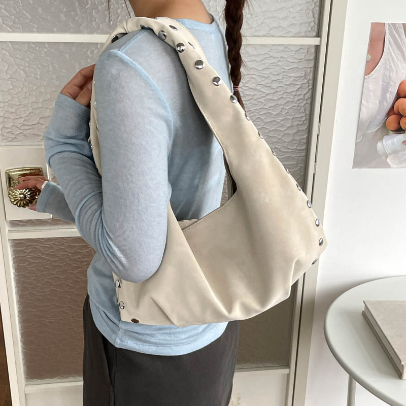 Solid Color PU Leather Dumpling Shape Underarm Bag For Women With Sewing Thread Detail And Single Shoulder Strap