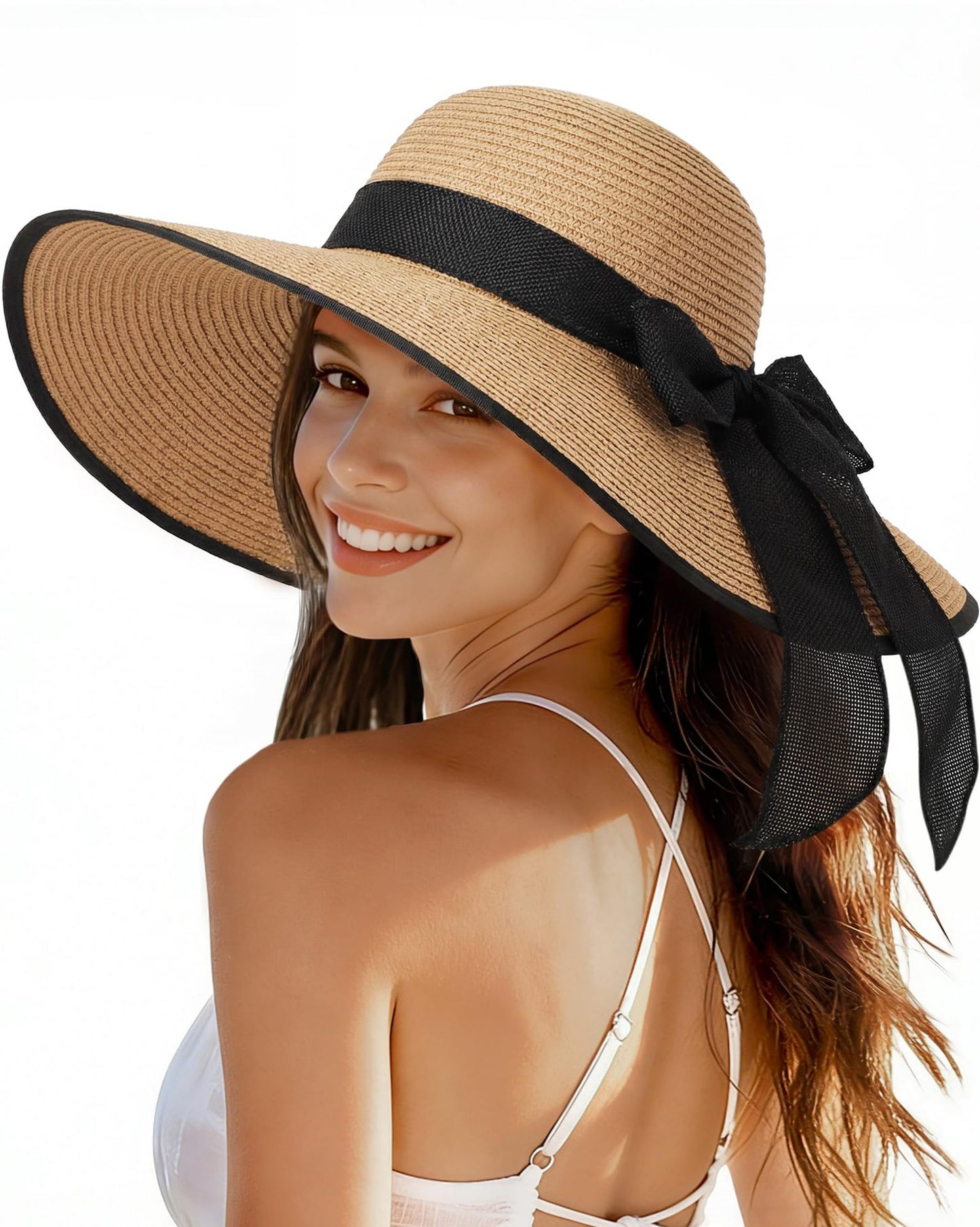 Women's Wide Brim Straw Hat With UV Protection, Vacation Style Featuring Braid Craftsmanship