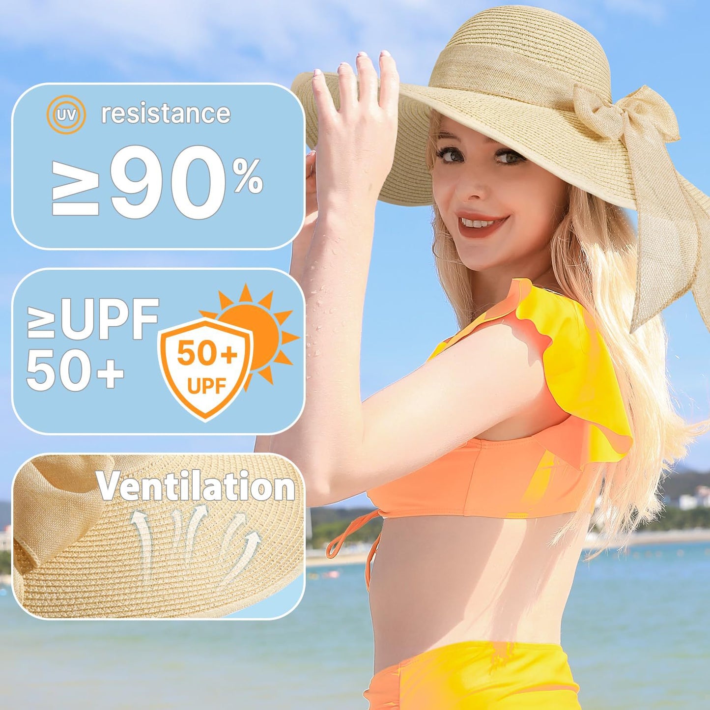 Women's Wide Brim Straw Hat With UV Protection, Vacation Style Featuring Braid Craftsmanship